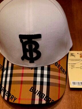 Burberry White Cap with Beige Check Brim and Black TB Logo
